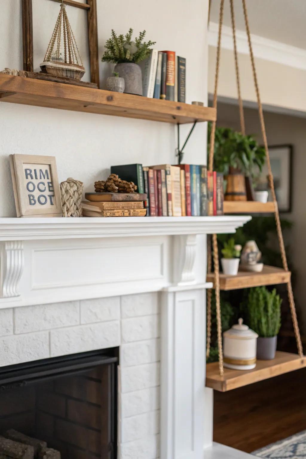 Functional wall-mounted displays enhance the usability of a white fireplace.