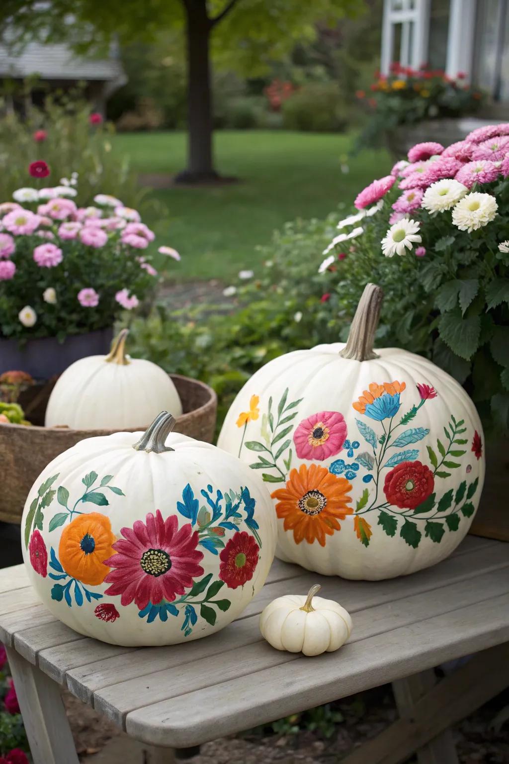Floral-painted pumpkins for a touch of elegance.
