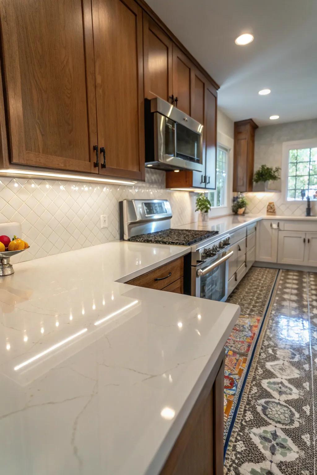 Reflective crystalized stone backsplash that brightens the cooking area.