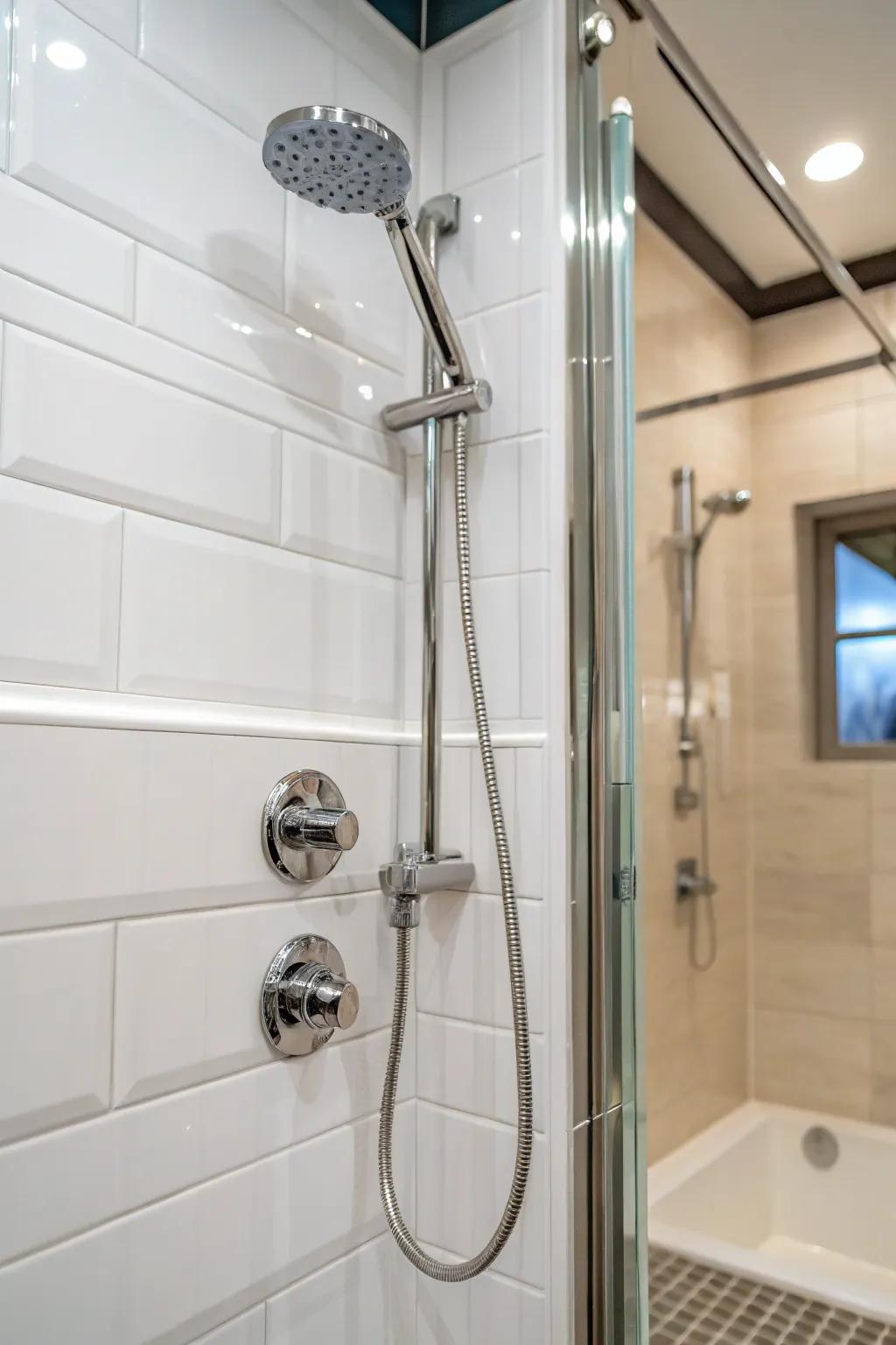 Modern metal hardware in a white shower setting.