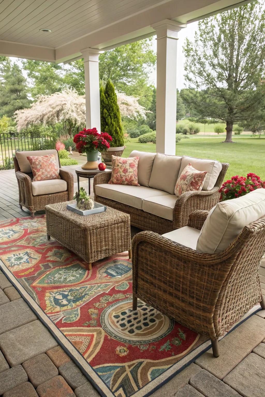 Characterizing spaces using chic outdoor carpets.
