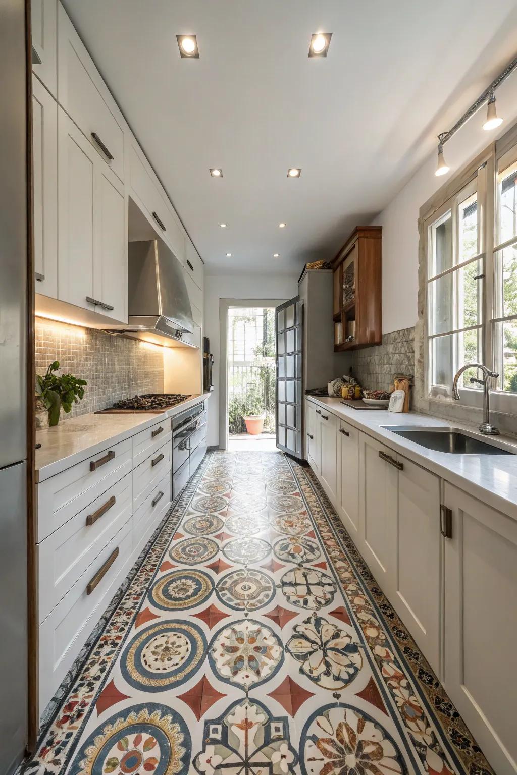 Striking flooring selections contributing character to a wide galley kitchen.