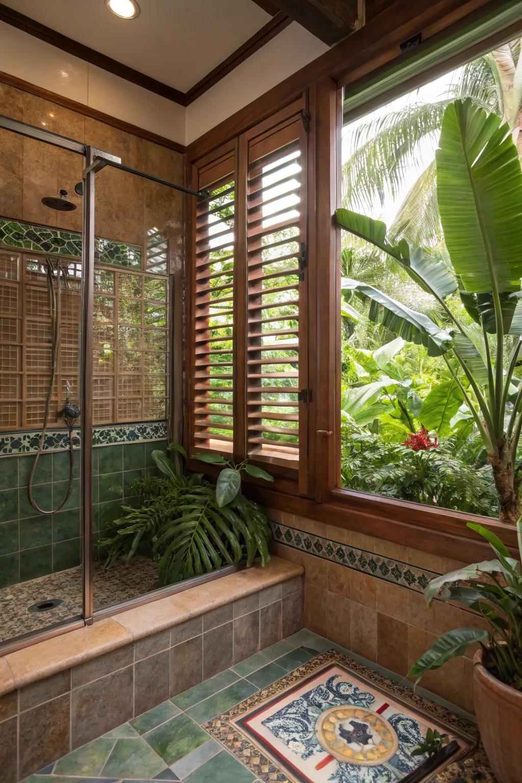 Jalousie windows offer an indoor-outdoor vibe to the shower area.