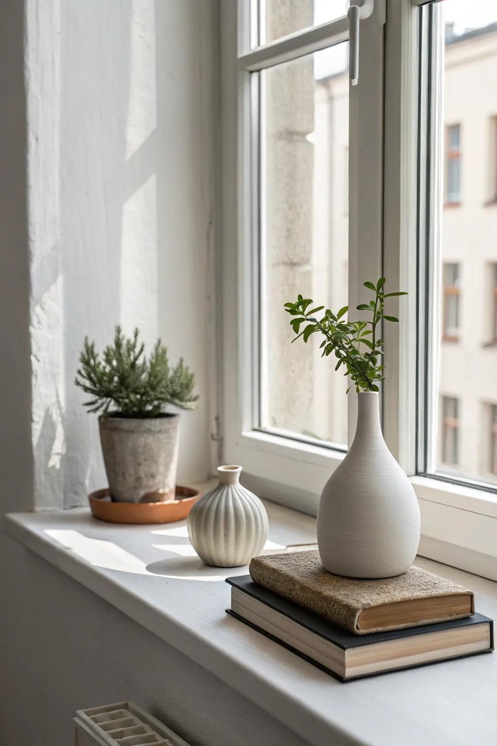 A minimalist windowsill featuring clean lines and simple decorations.