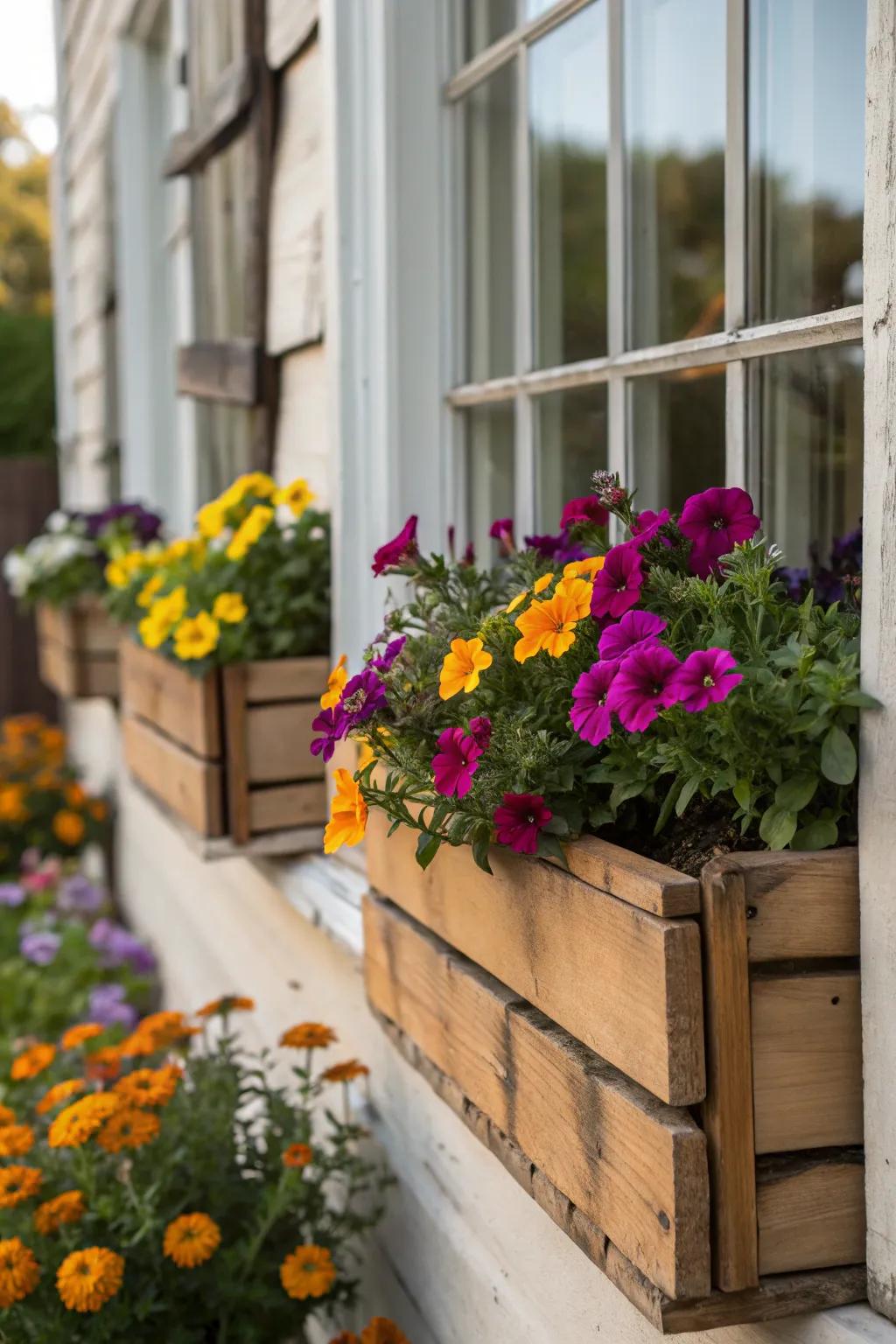 Vibrant window planters introduce energy and appeal to your home’s exterior.