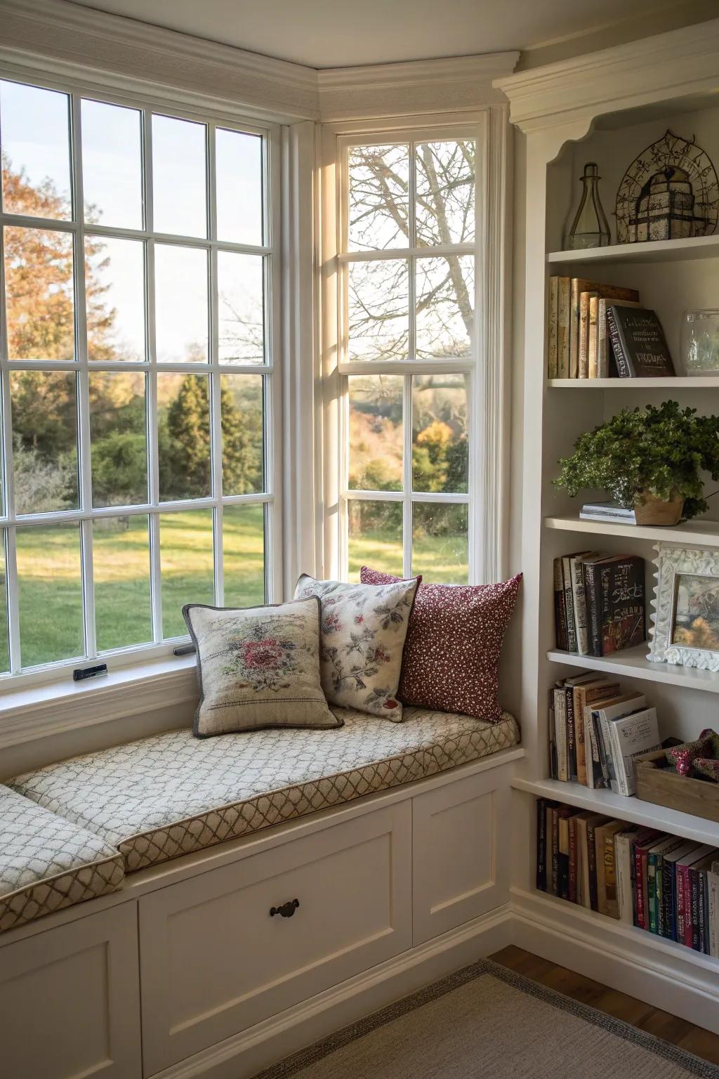 A built-in seating area adds usefulness to your bay window.