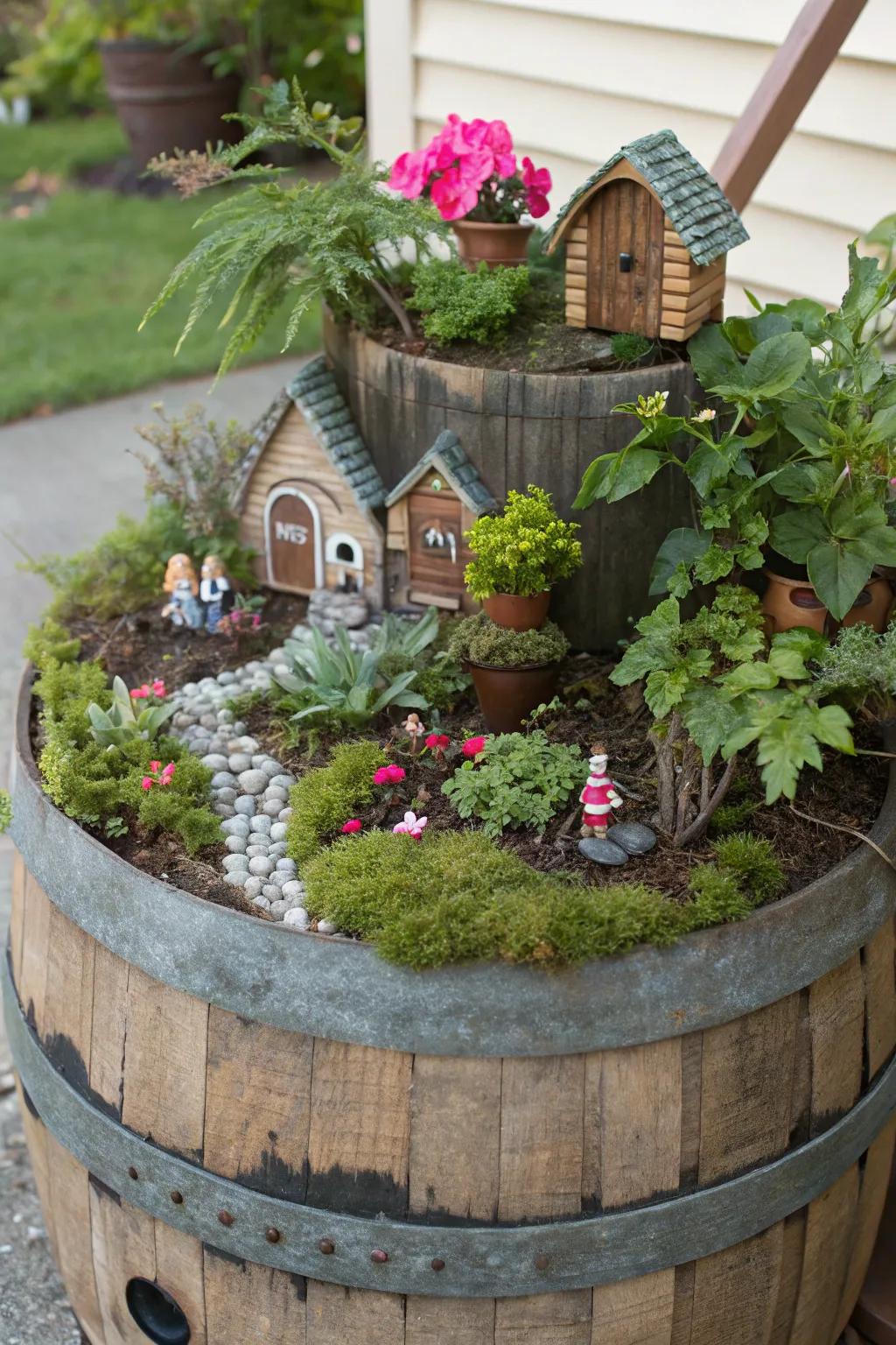 A whimsical fairy garden within a wine cask.