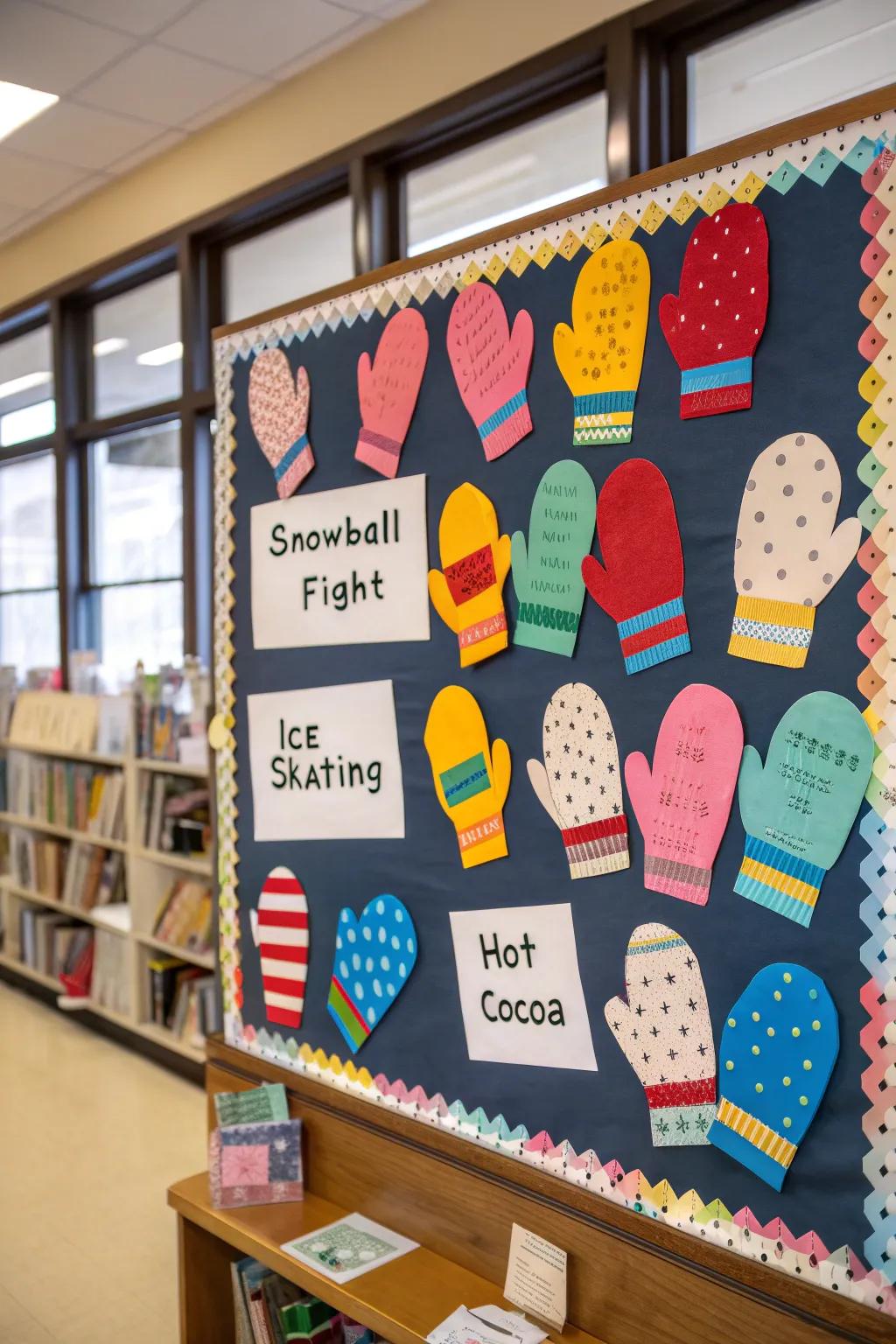 A handwarmer display filled with students' favorite winter activities adds a personal touch.