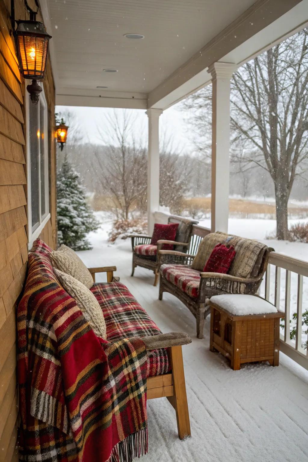 Comfortable textiles on a winter porch seating area.