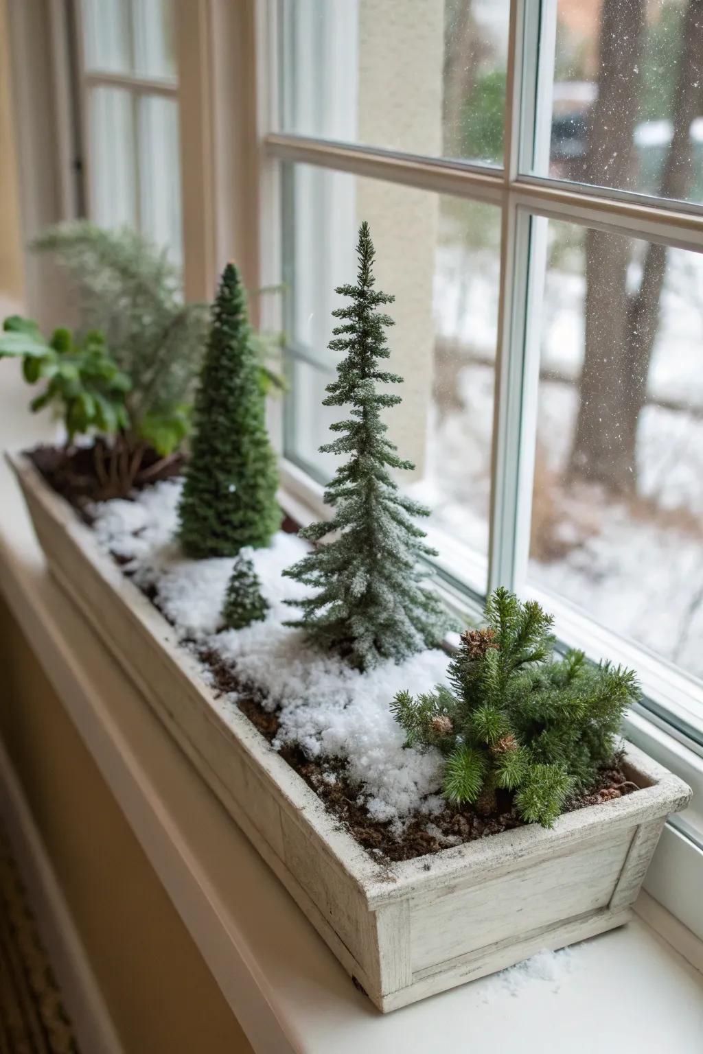 Miniature trees paired with artificial snow form a whimsical forest-like scene in this window box.