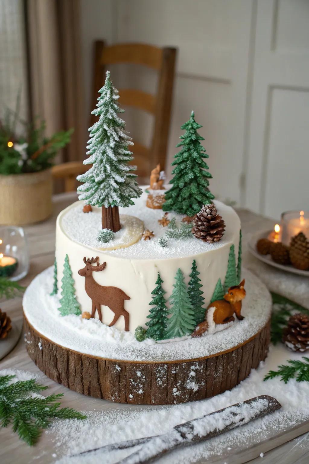 A winter woods cake showcasing sweet cedars and critters.
