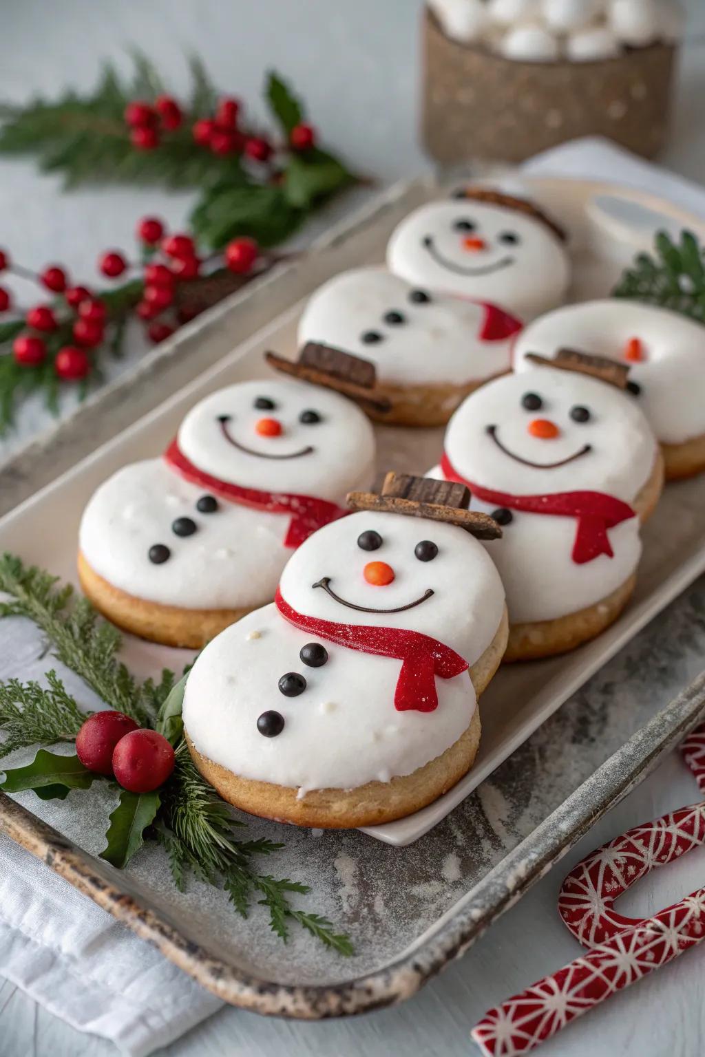 Mouthwatering snowman doughnuts for a fun delight.