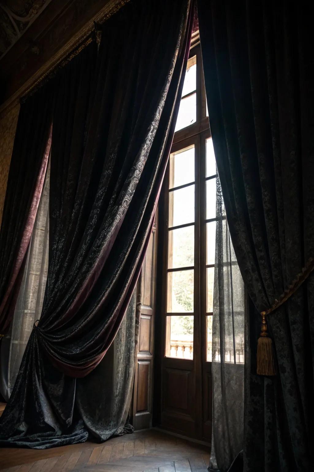 Shadowy textile contributes a gothic accent to the retreat.