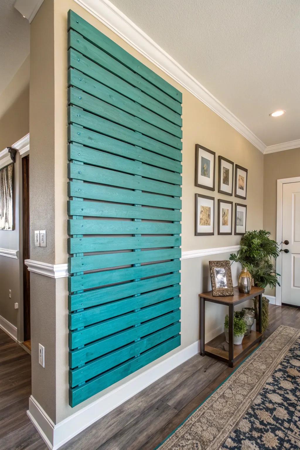 A bold-colored wood slat accent wall creating stunning contrast.