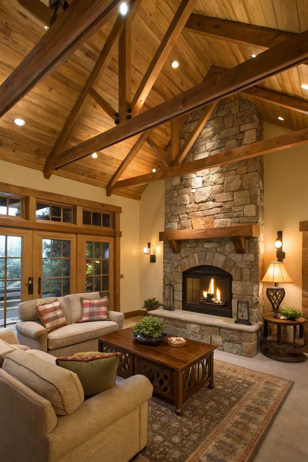 A cozy living room featuring a fireplace and wood beams.