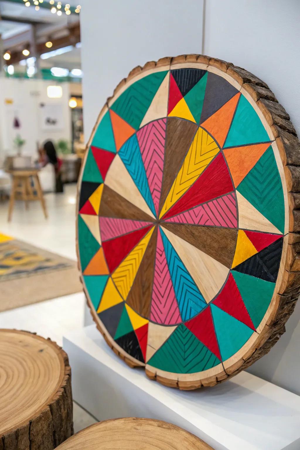 Bring a modern touch to your decor with abstract geometric wood circle paintings.