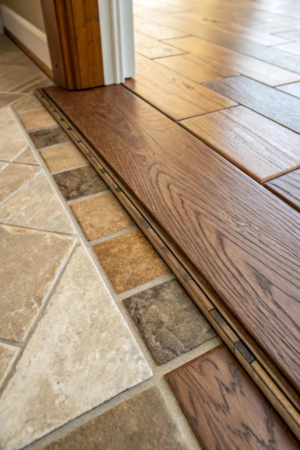 Close-up of a sill band shift between tiled and hardwood flooring.