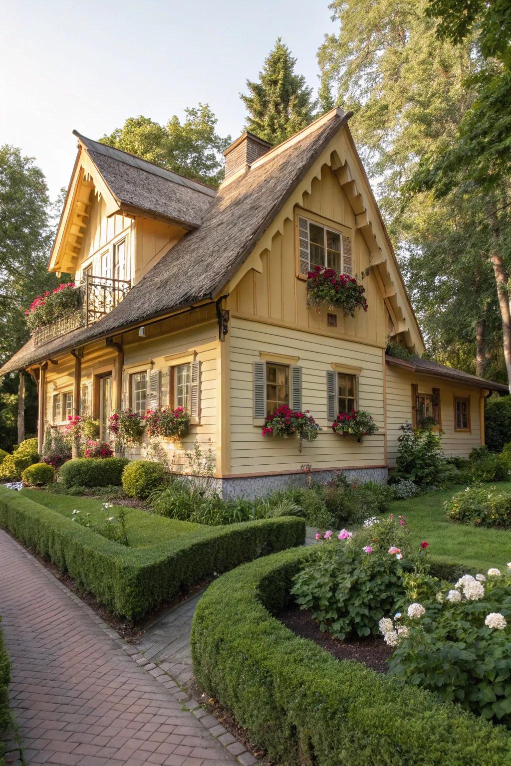 A cozy cottage-style wood house with inviting warm shades.