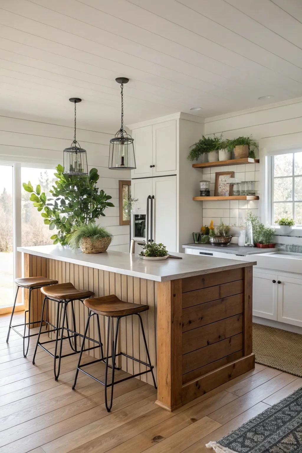 Grooved plank paneling infuses a coastal vibe into this inviting kitchen island.