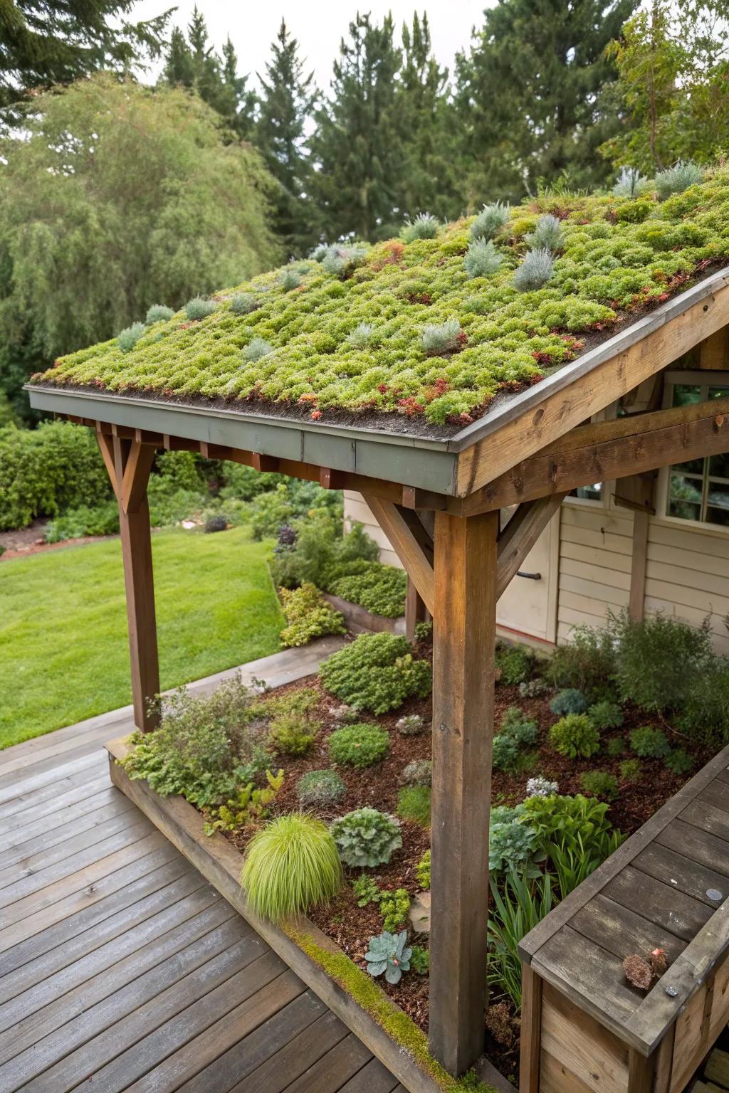 A vibrant verdant ceiling atop a timber patio shelter.