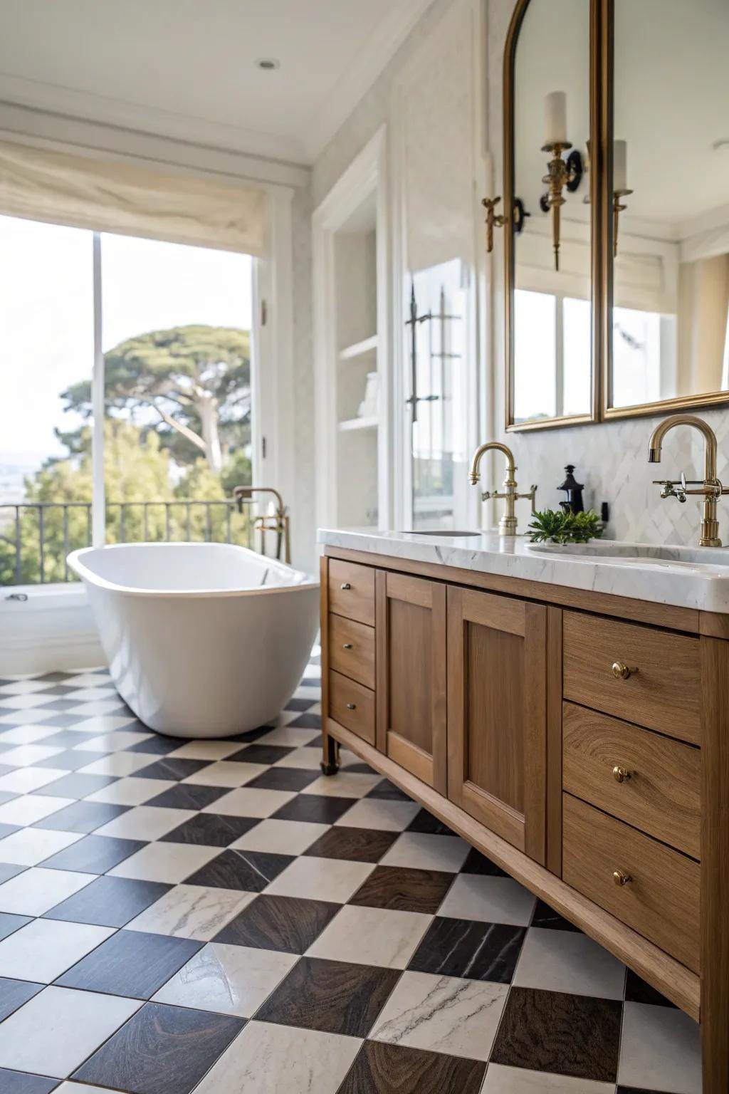 A stylish bathroom featuring a playful tiled design wood floor.