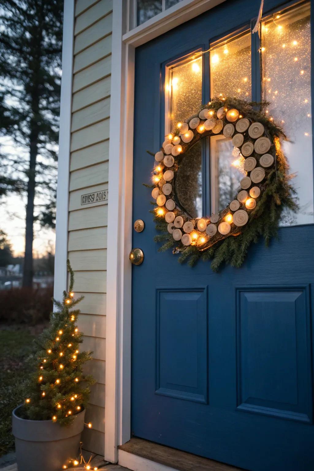 Wood round and fairy light magic creates a radiant effect.