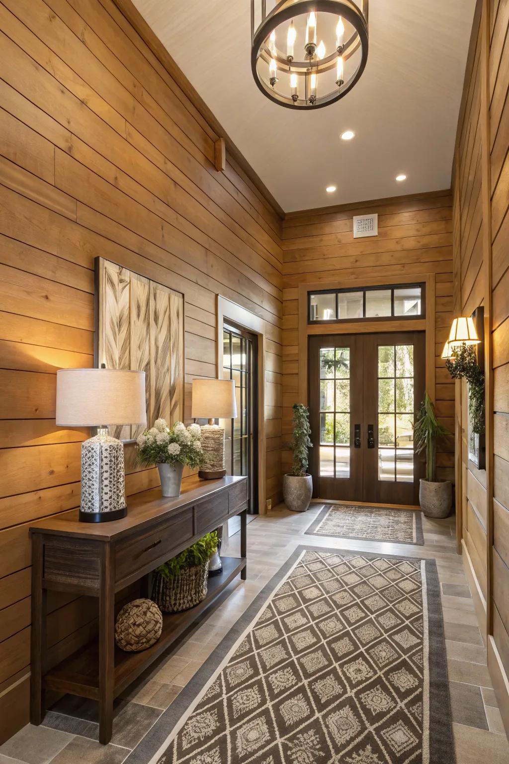 An entrance enhanced by refined wood paneling.
