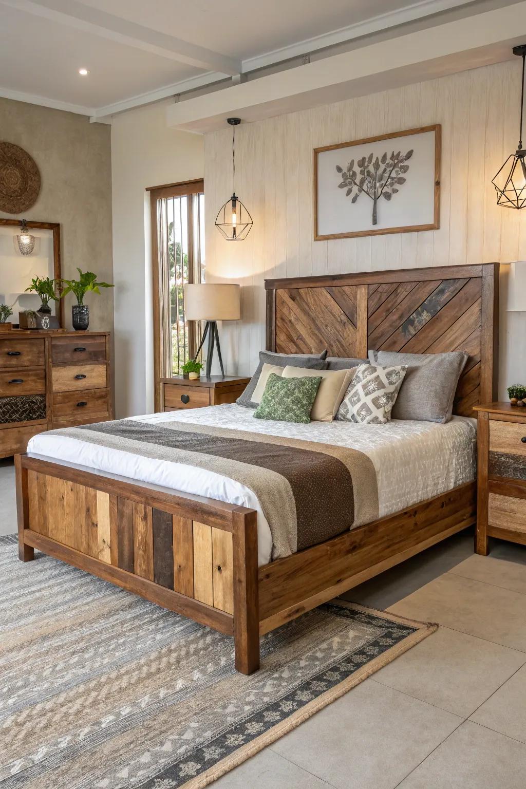 A range of wood colors add personality to this wooden bed.
