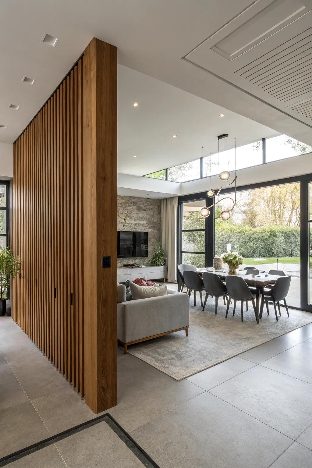 Timber dividers elegantly delineate zones inside an open-concept living space.
