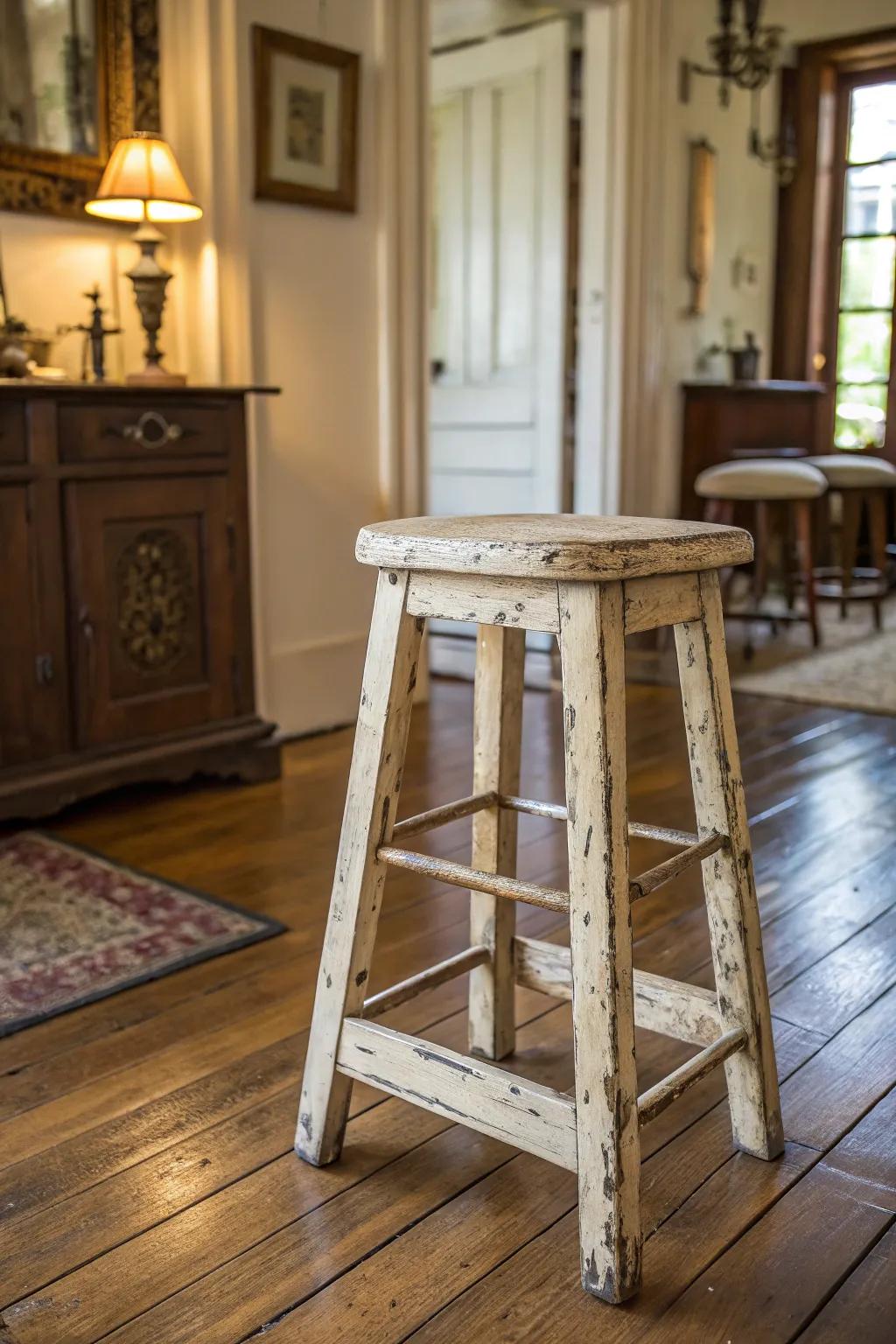 Classic sophistication shines through in this aged wooden stool.