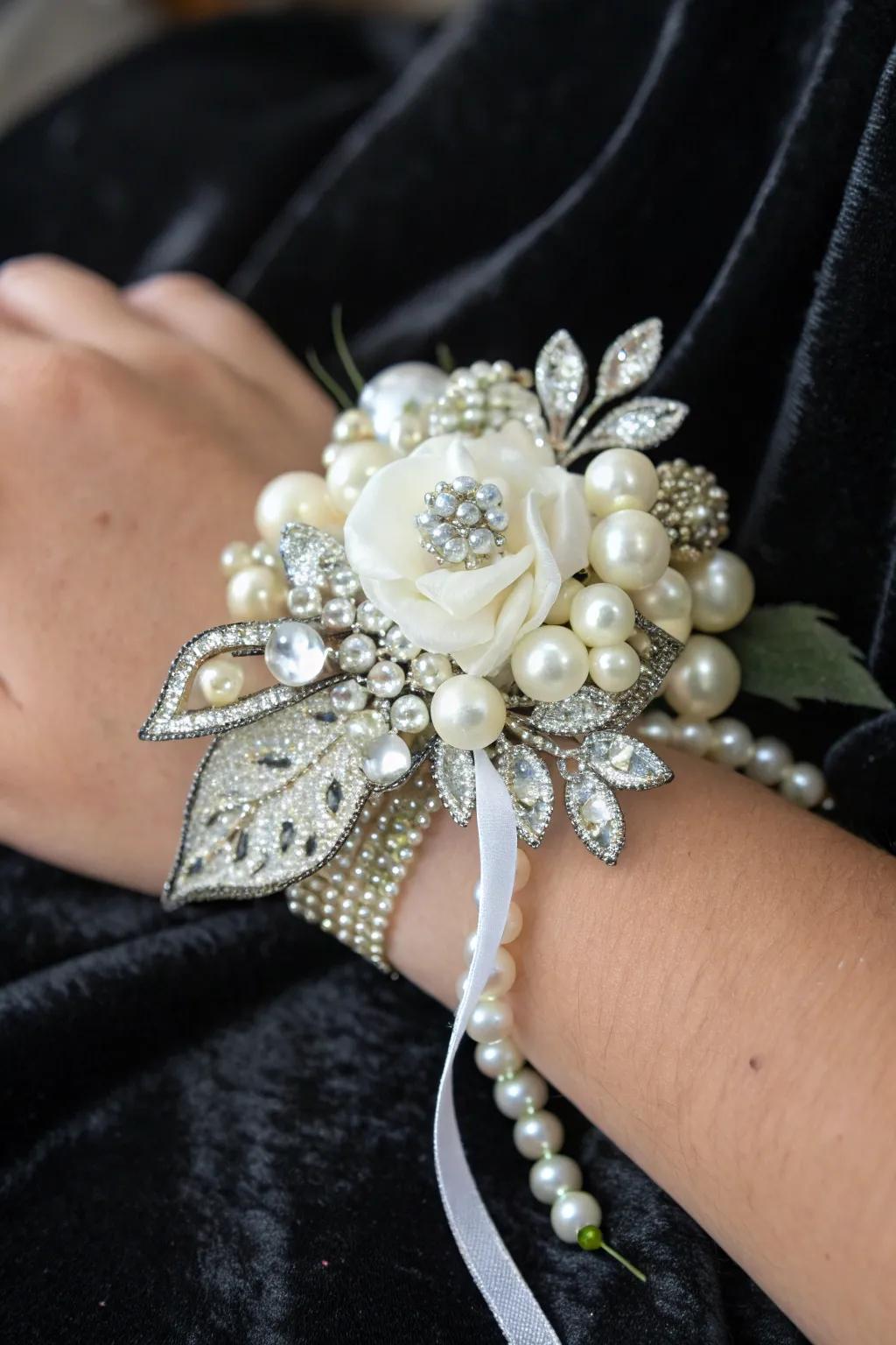 Glamorous wrist corsage incorporating gems and jewels.