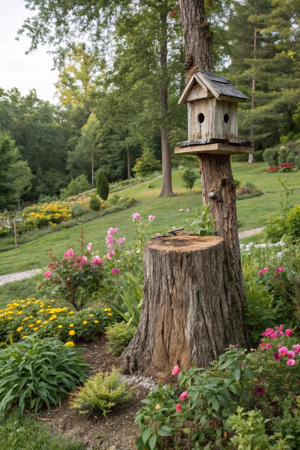 A wooden birdhouse attracts winged friends into the garden.