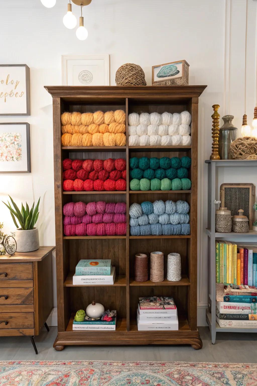 A vintage bookcase transforms yarn into a thoughtfully curated decorative element.