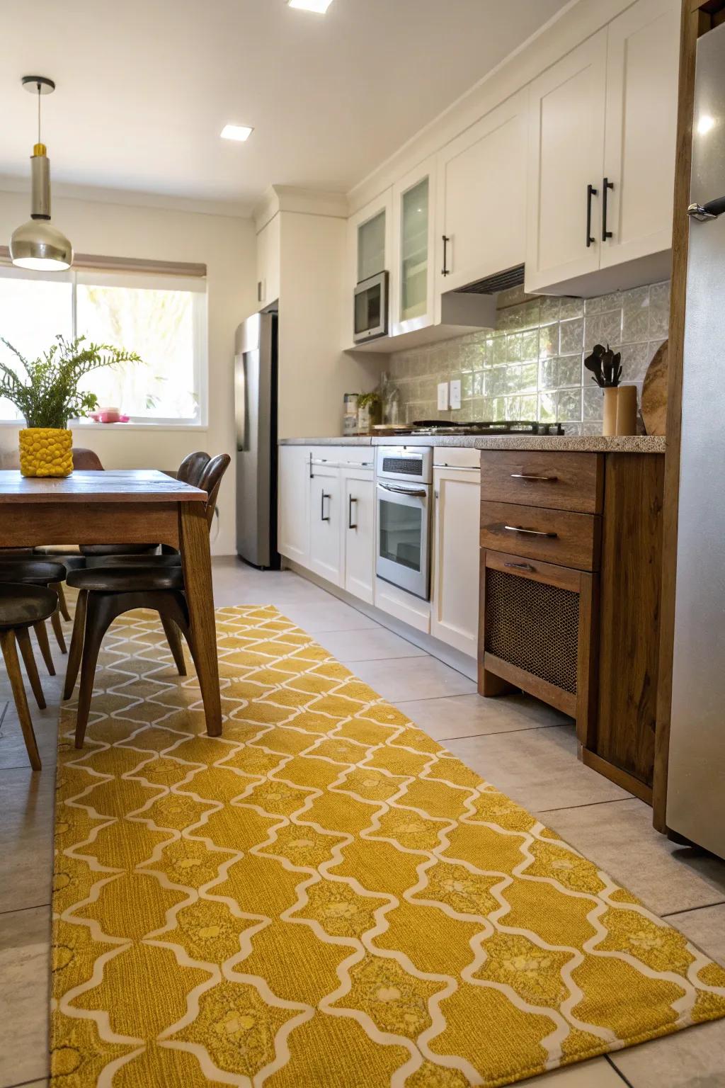 A yellow kitchen rug adds warmth and brings the room together.