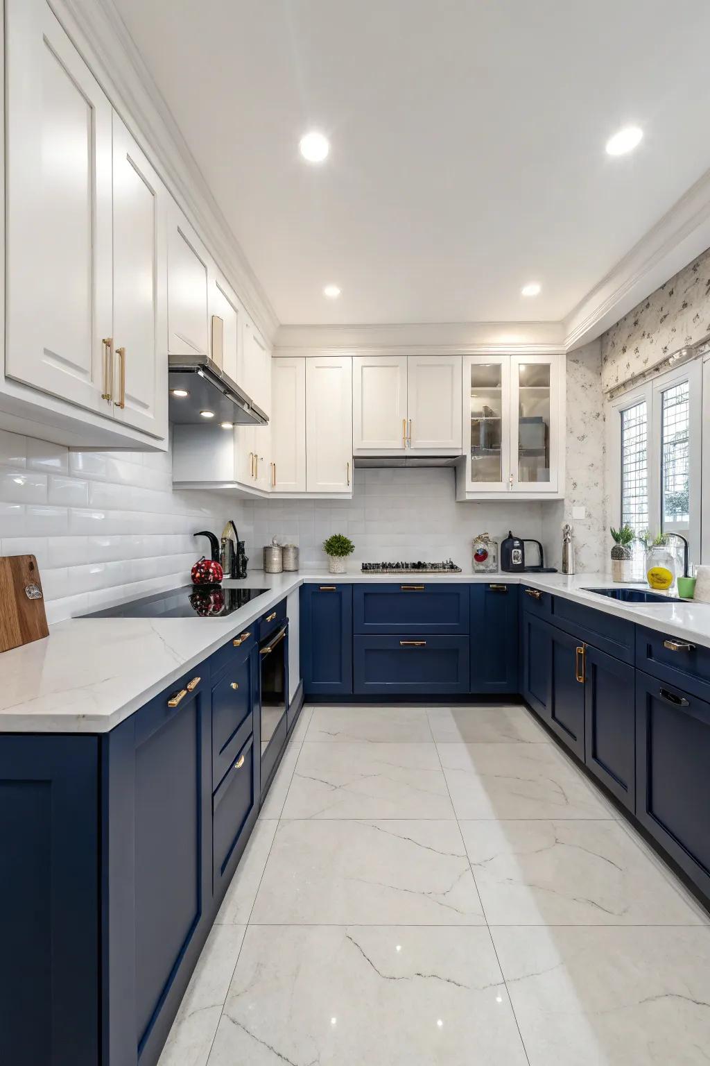 Color-blocking cabinets adds visual interest and depth.