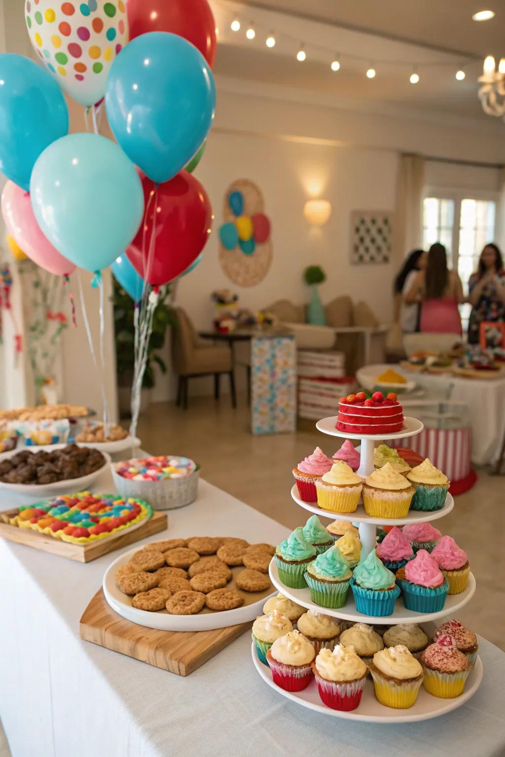 A delightful sweet treat display is a sweet highlight of a first birthday celebration.