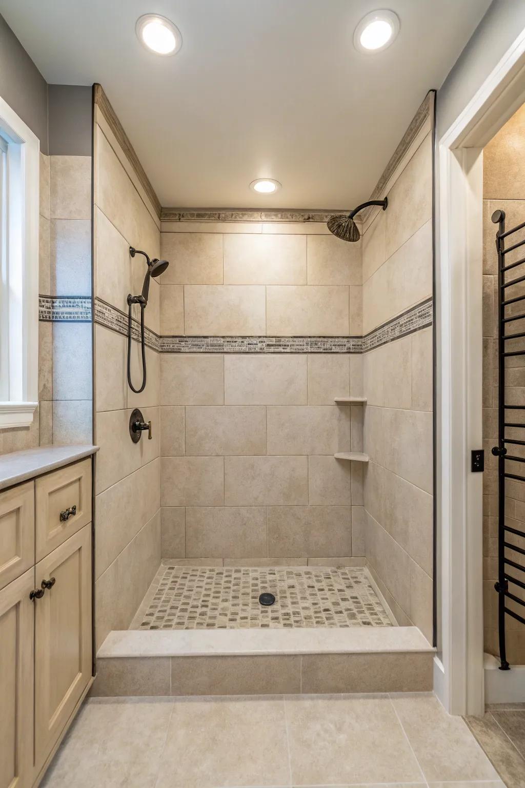 Neutral shades establish a tranquil and spacious shower environment.
