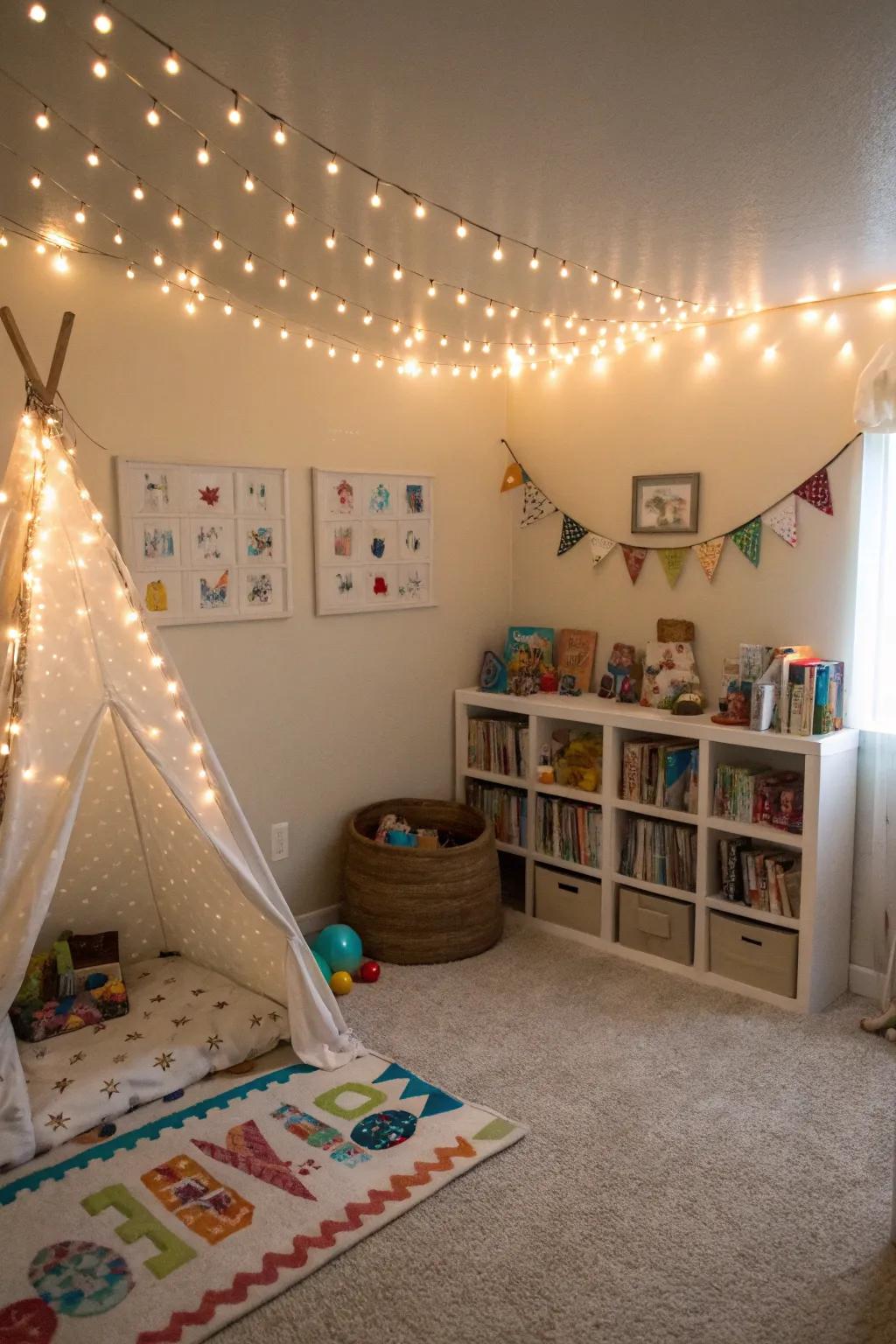 A dreamy bedroom that is lit up by sparkling fairy lights.
