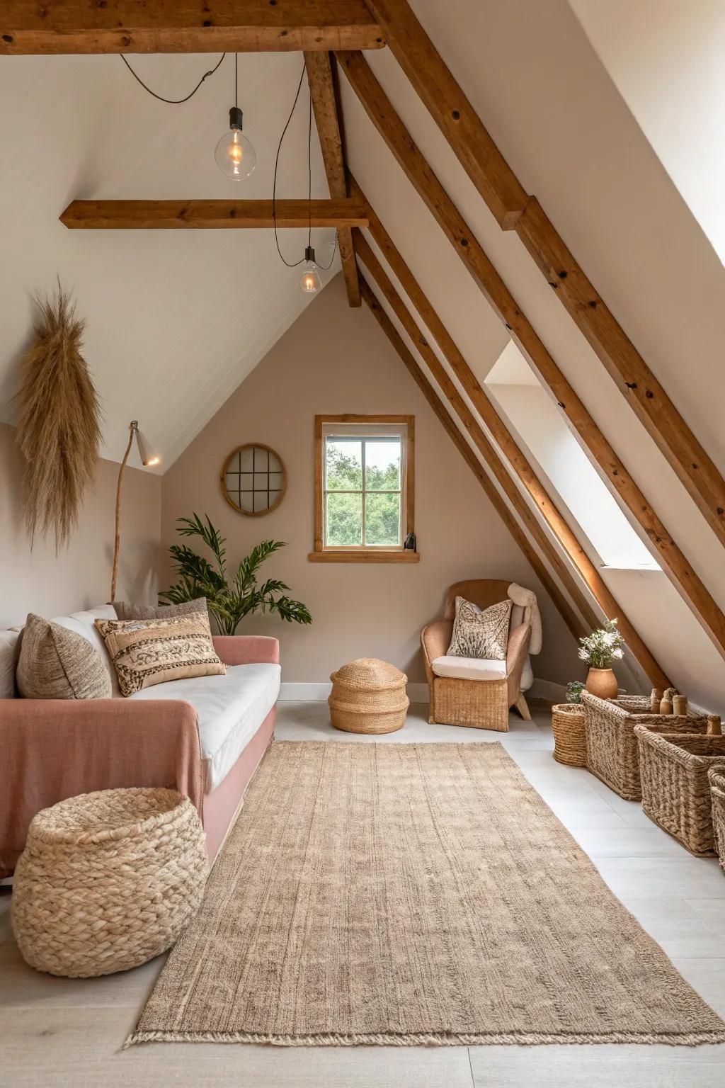 A neutral palette establishes a serene and expansive attic atmosphere.