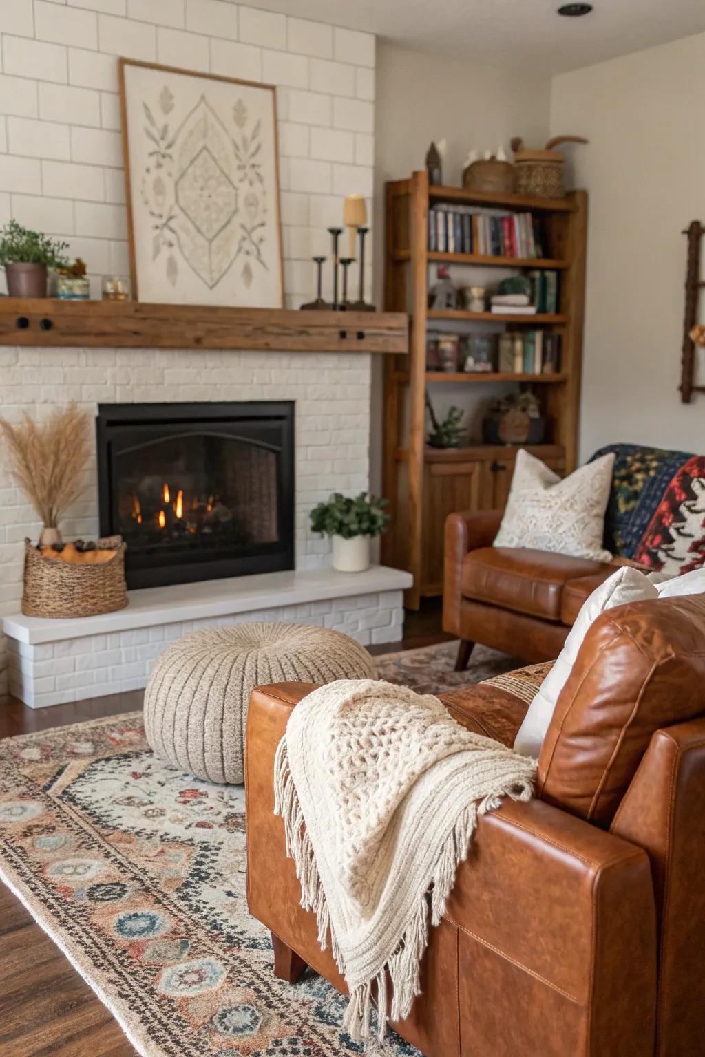 Layered textures inject dimension and intrigue into the space above the fireplace.