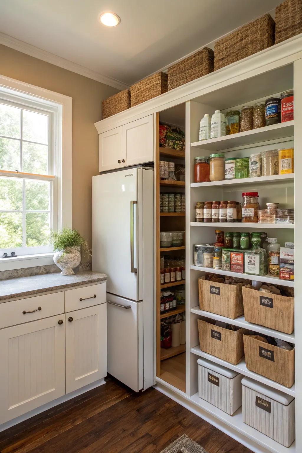 Streamlined shelves above the fridge facilitate pantry organization.