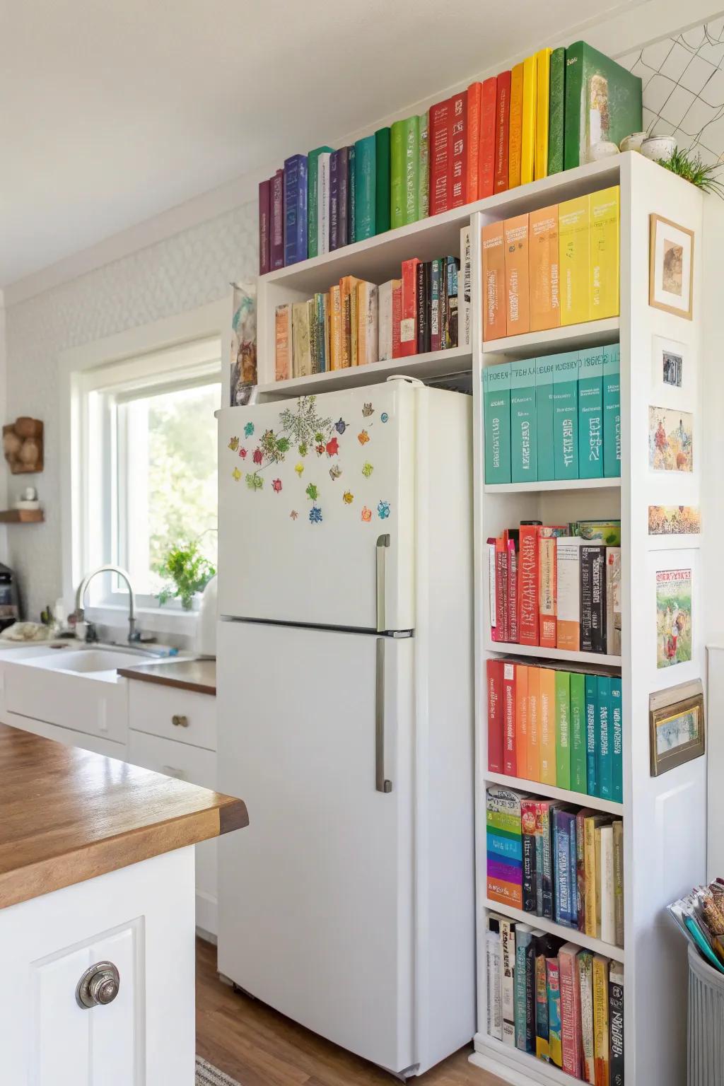 Cookbooks introduce a splash of color and inspiration above the fridge.