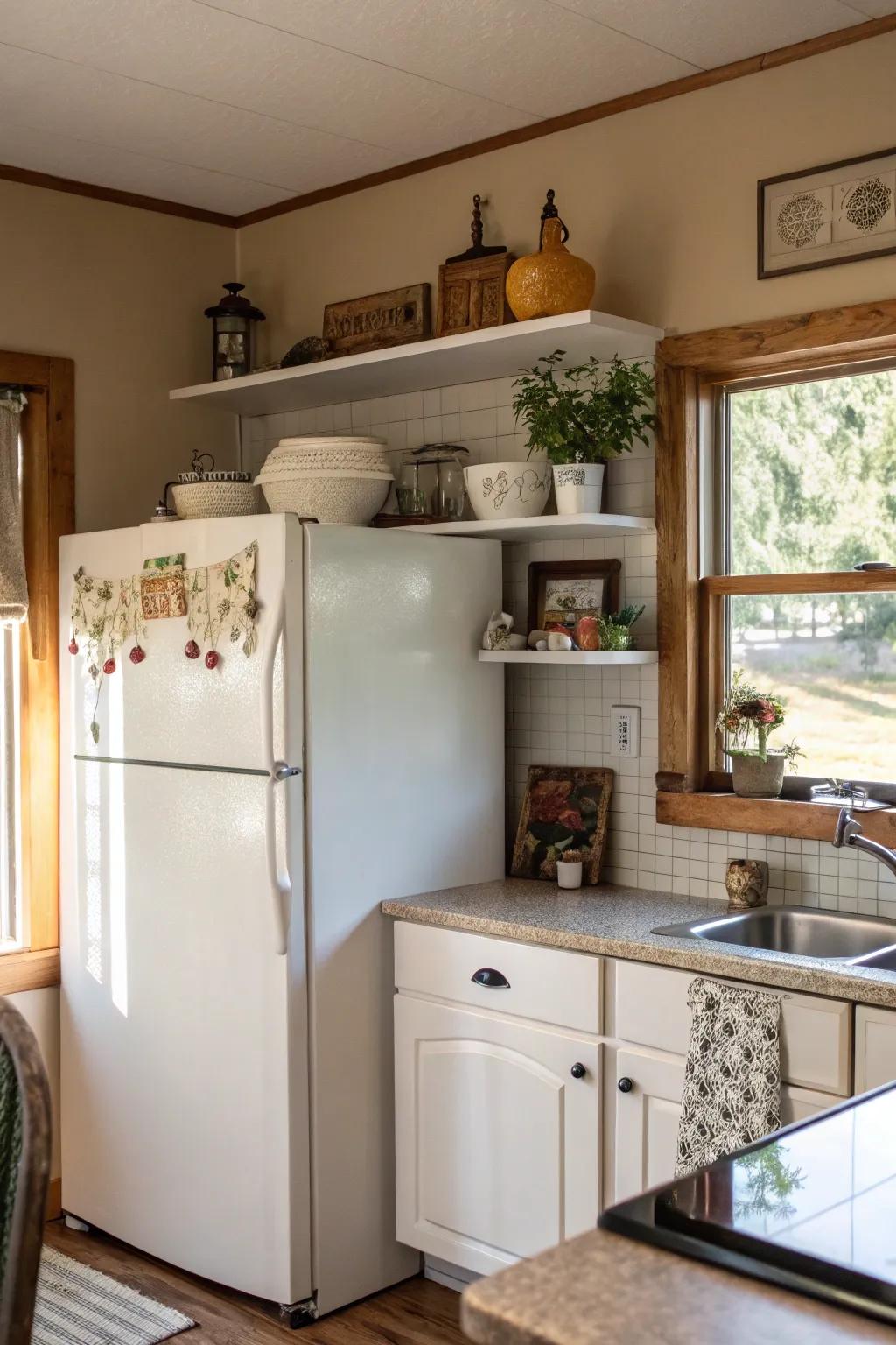 Mount shelving for organized and stylish storage above the fridge.