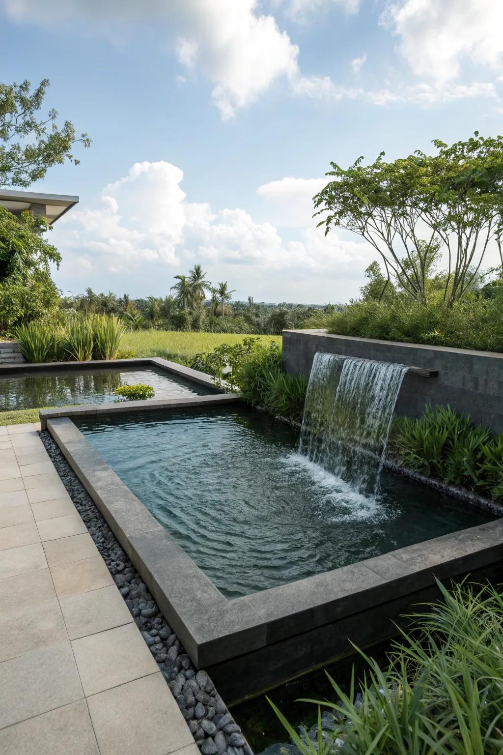 A formal geometric shape gives this elevated pond a contemporary touch.