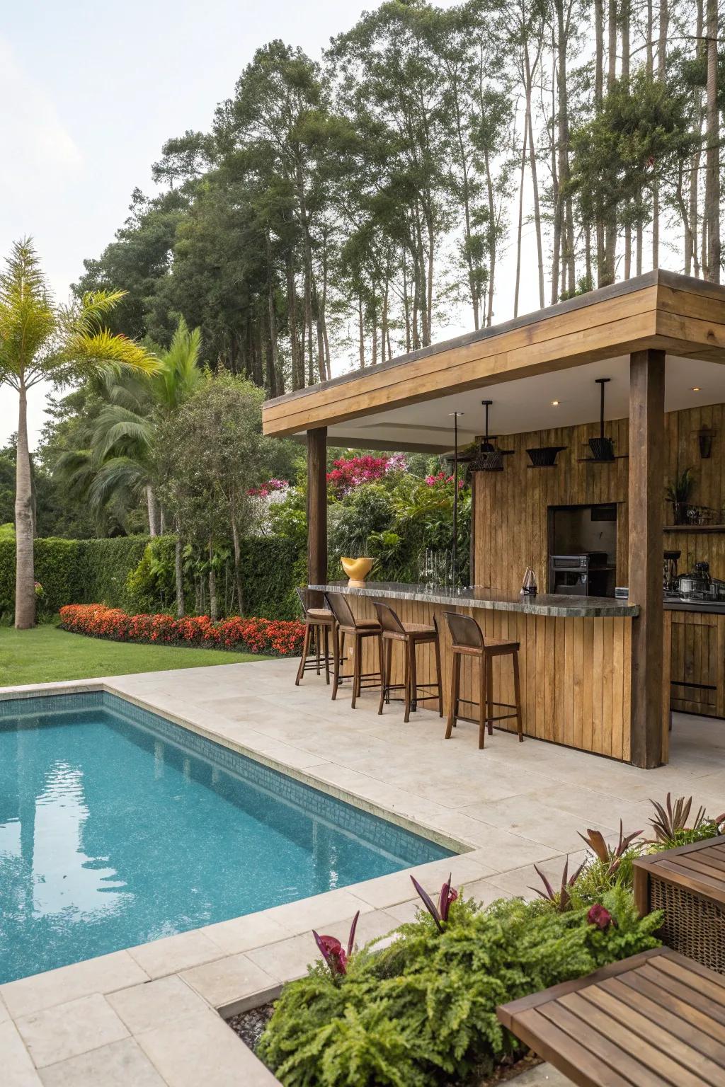 Natural wood brings warmth and charm to your poolside bar.