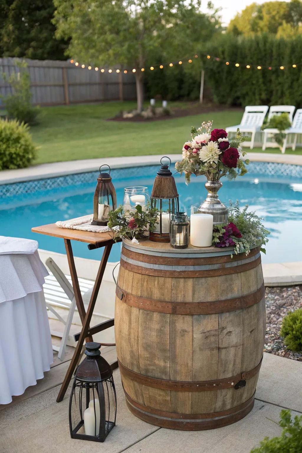 A DIY wine barrel table offers rustic charm and functionality.
