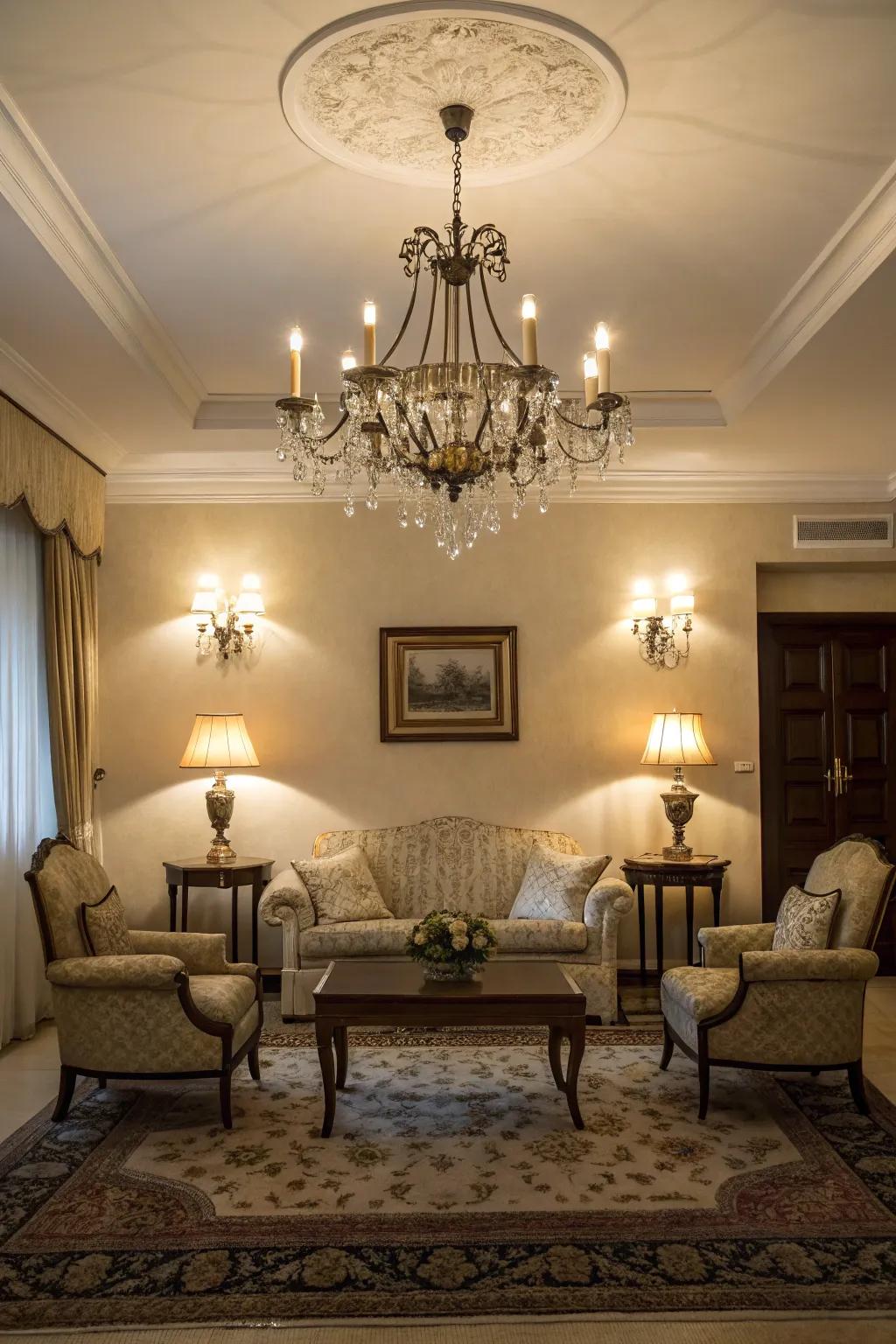 Chandeliers and side lamps contribute timeless sophistication.