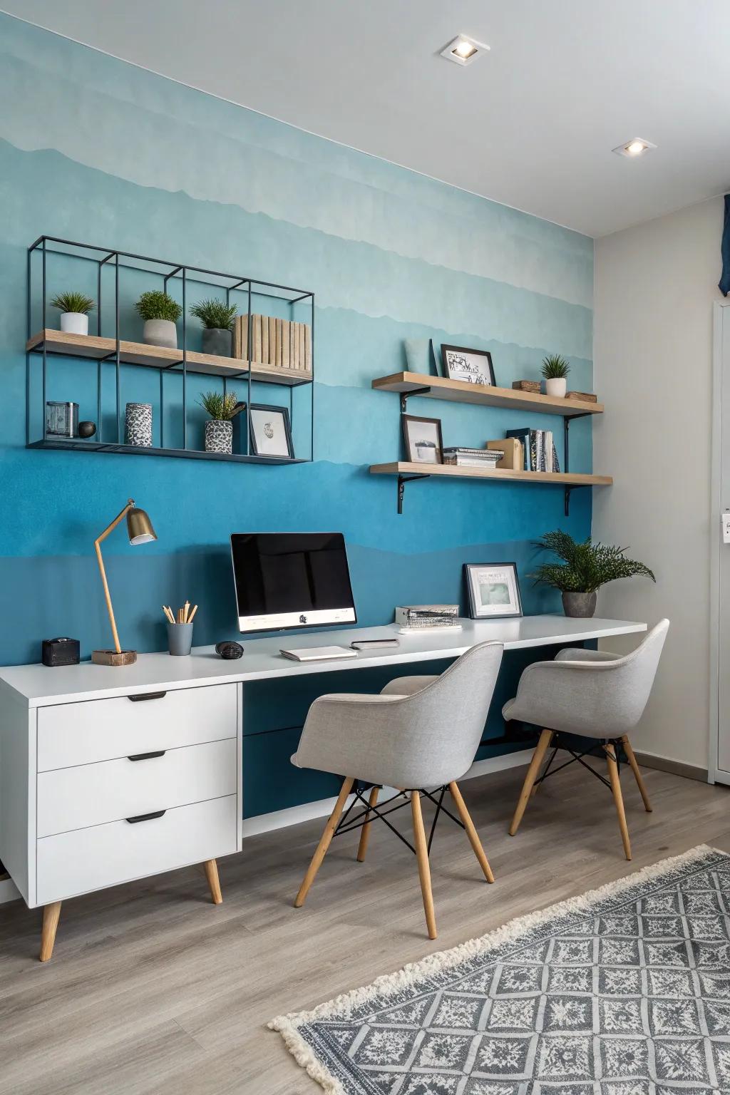 A creative workspace with an inspiring gradual shading accent wall.