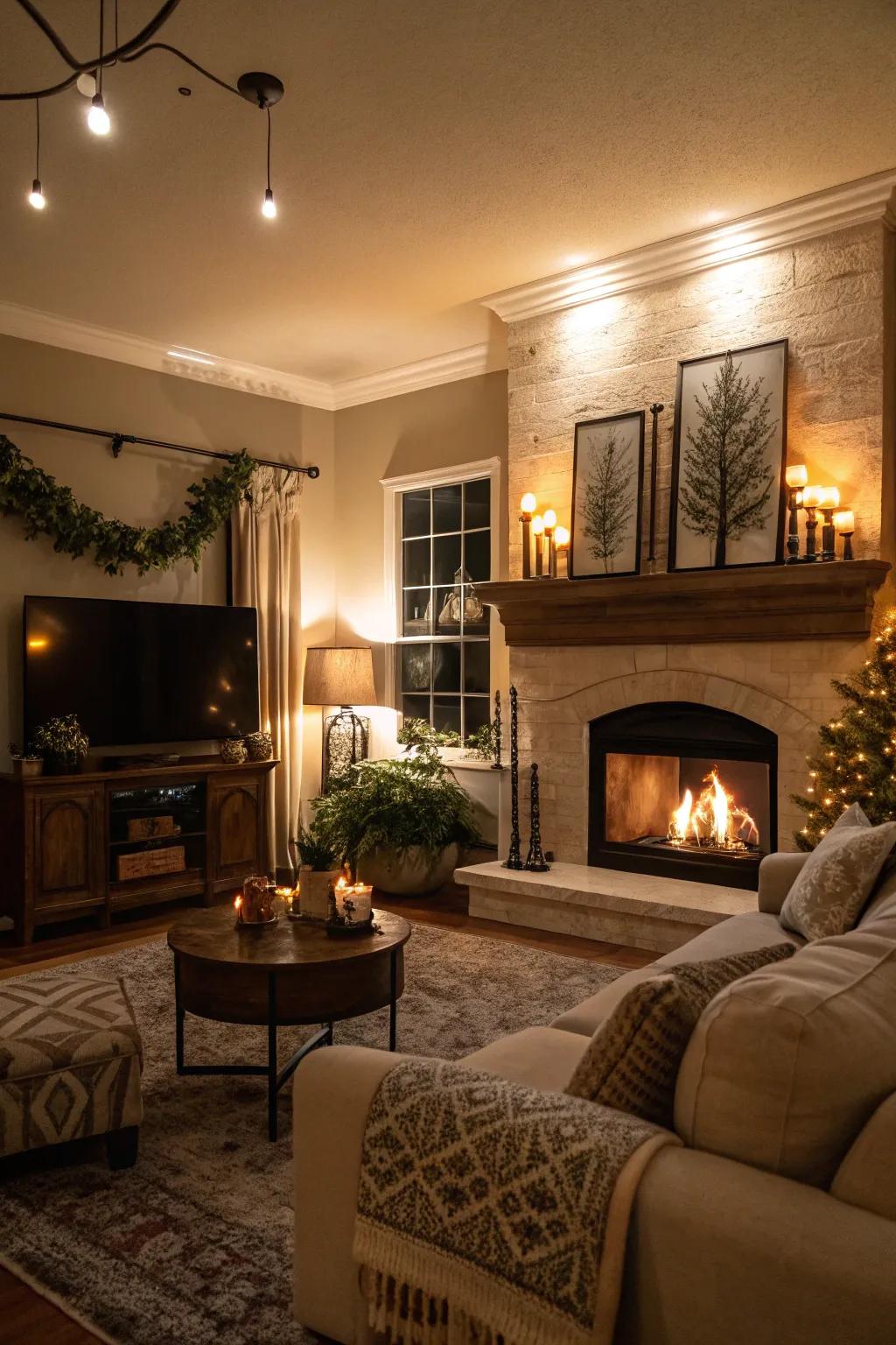 Soft lighting enhances the fireplace's architectural appeal.
