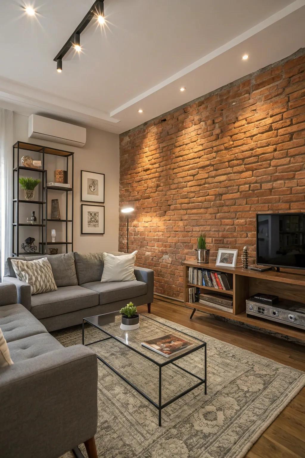 A living room featuring a raw brick accent wall and modern decor.